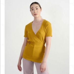 MEG SHOP Ribbed Wrap Tee in Mustard